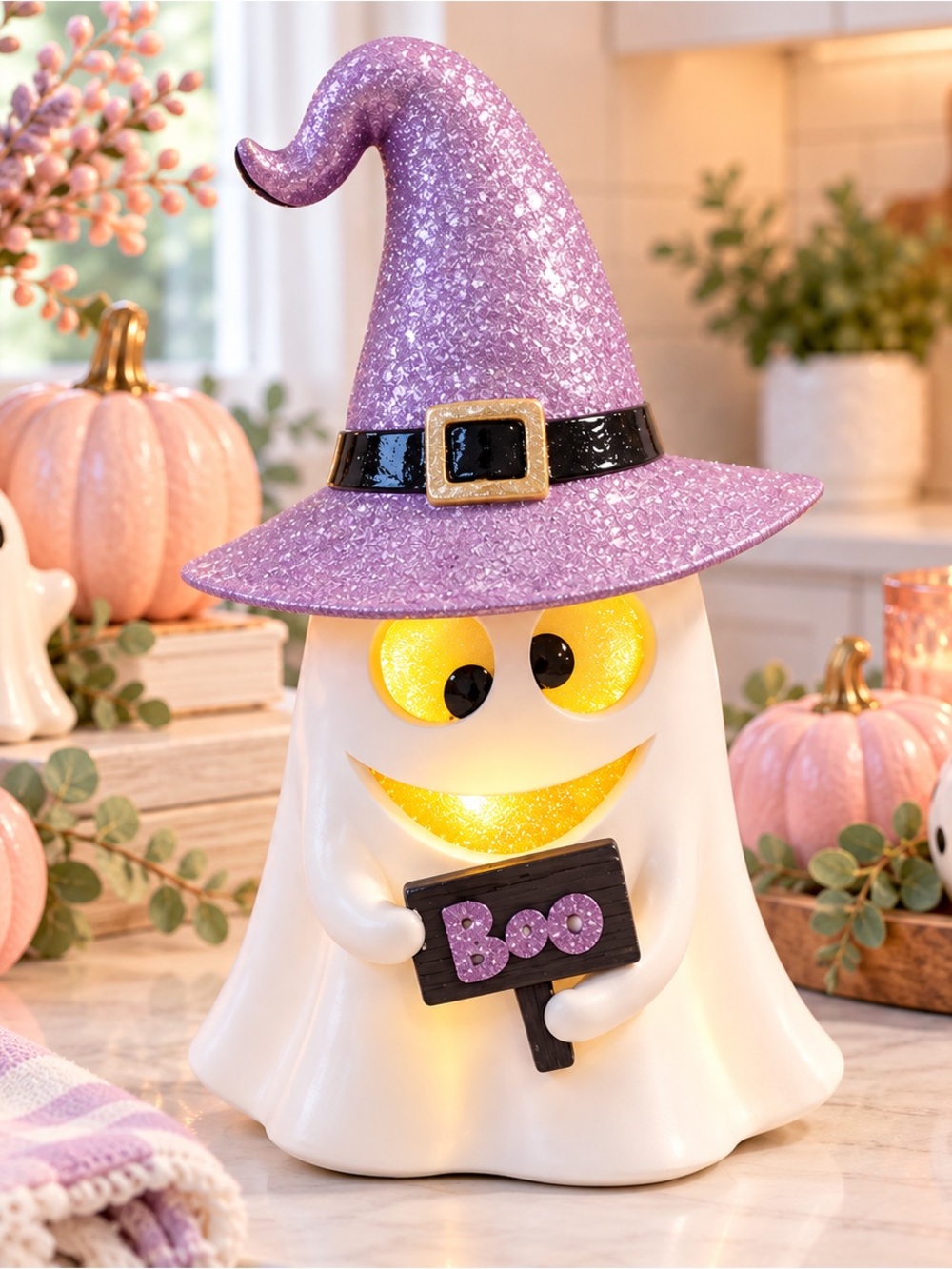 NWT Charming Light-Up ghost with a glittery purple witch hat.